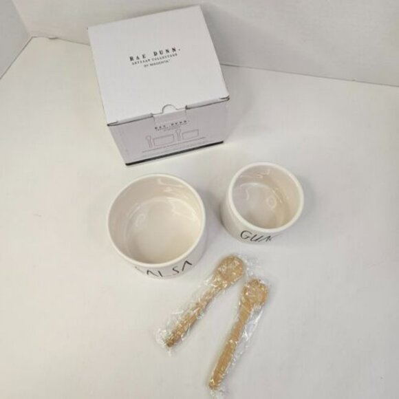 Rae Dunn Guacamole And Salsa Bowl Set Ceramic Dip Bowls 2 Bamboo Spoons - Picture 5 of 12